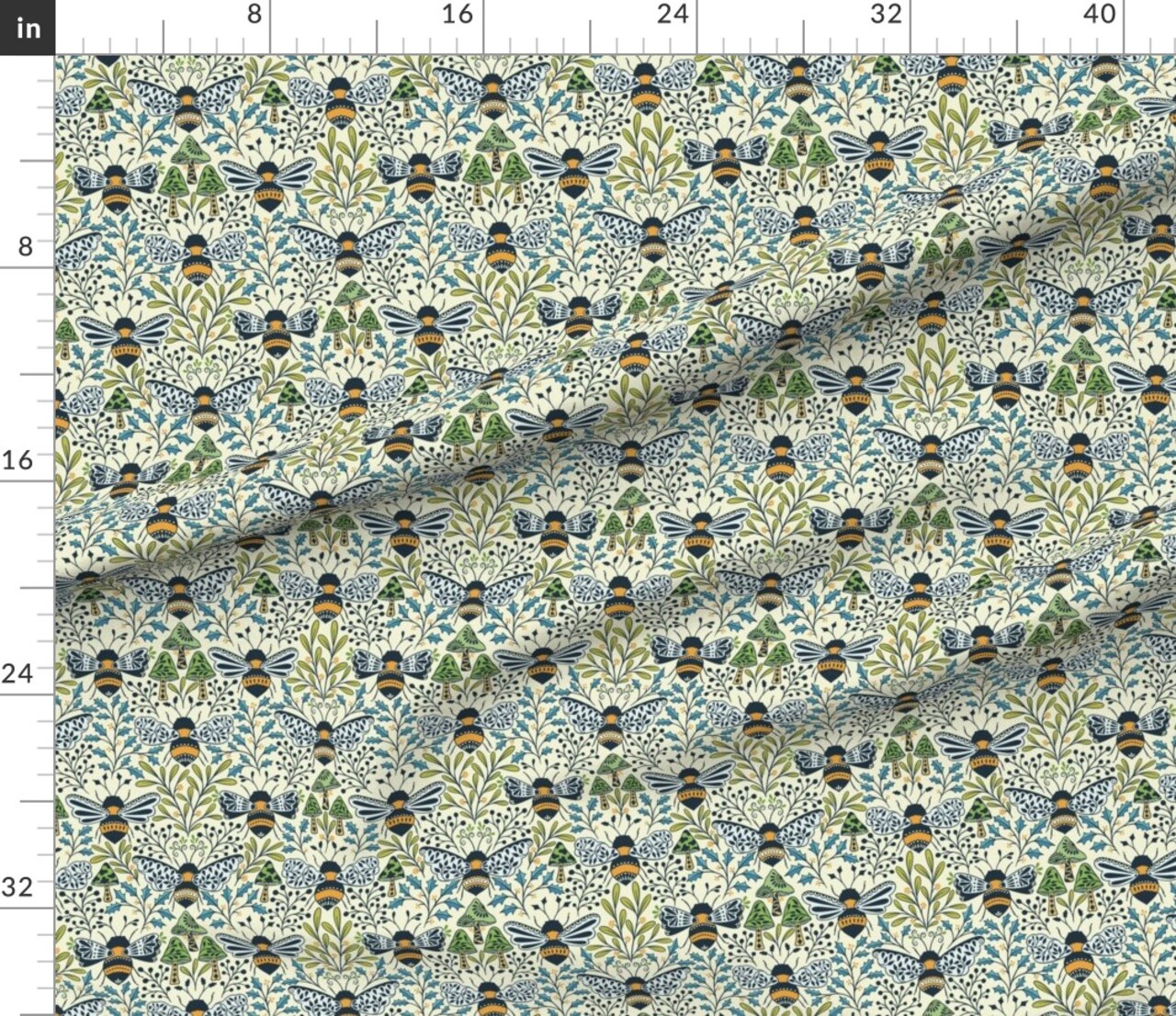 Mushroom Botanical Bumblebee Pollinator Medium Scale Blue Green Gold Custom Printed Fabric by Spoonflower Various Fabrics by the Yard or Fat Quarter